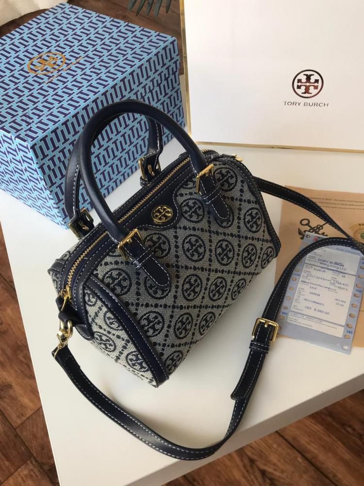 Tory Burch T Monogram Jacquard Barrel Bag| Blue| Brown
