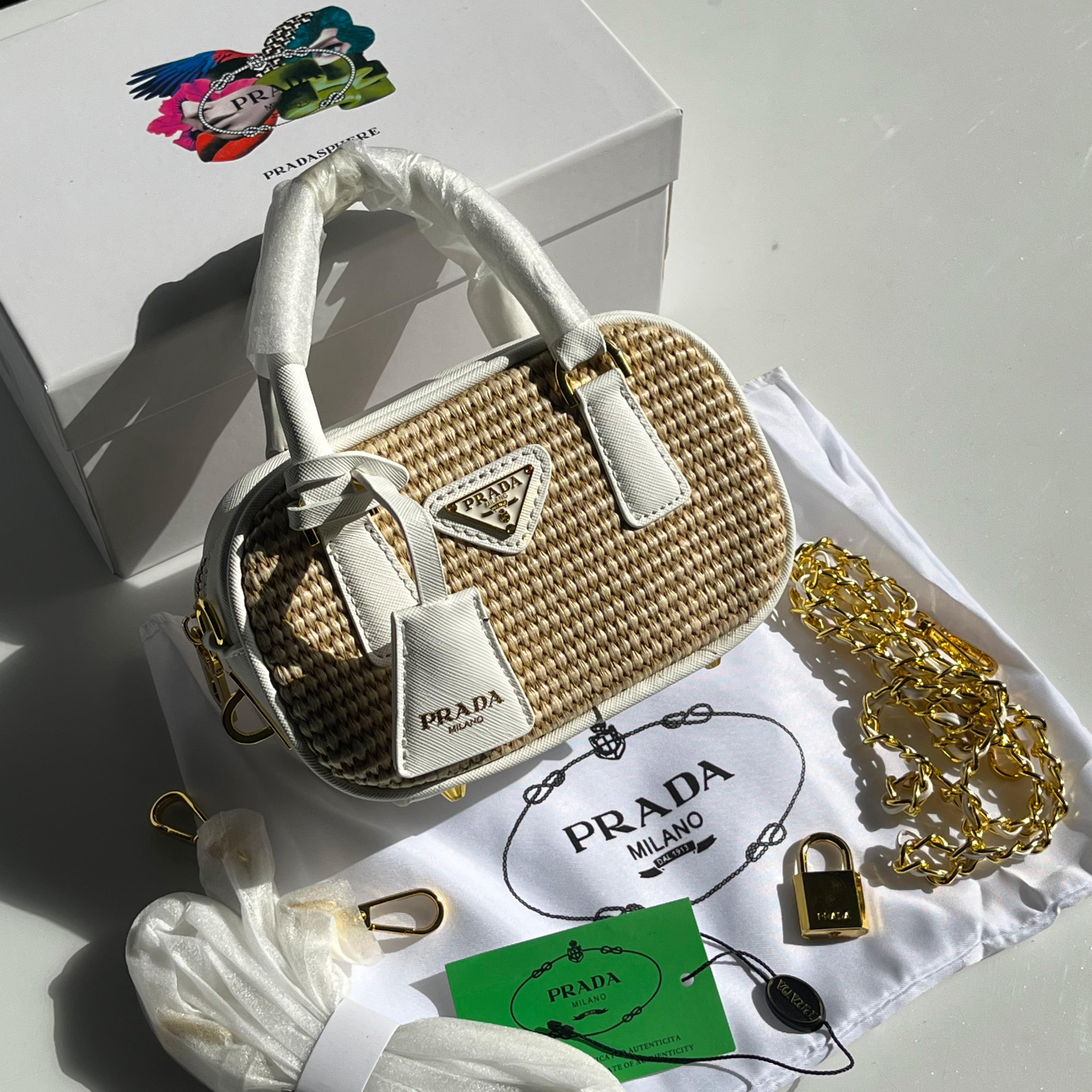 Prada Wicker and Leather Mini Bag| White