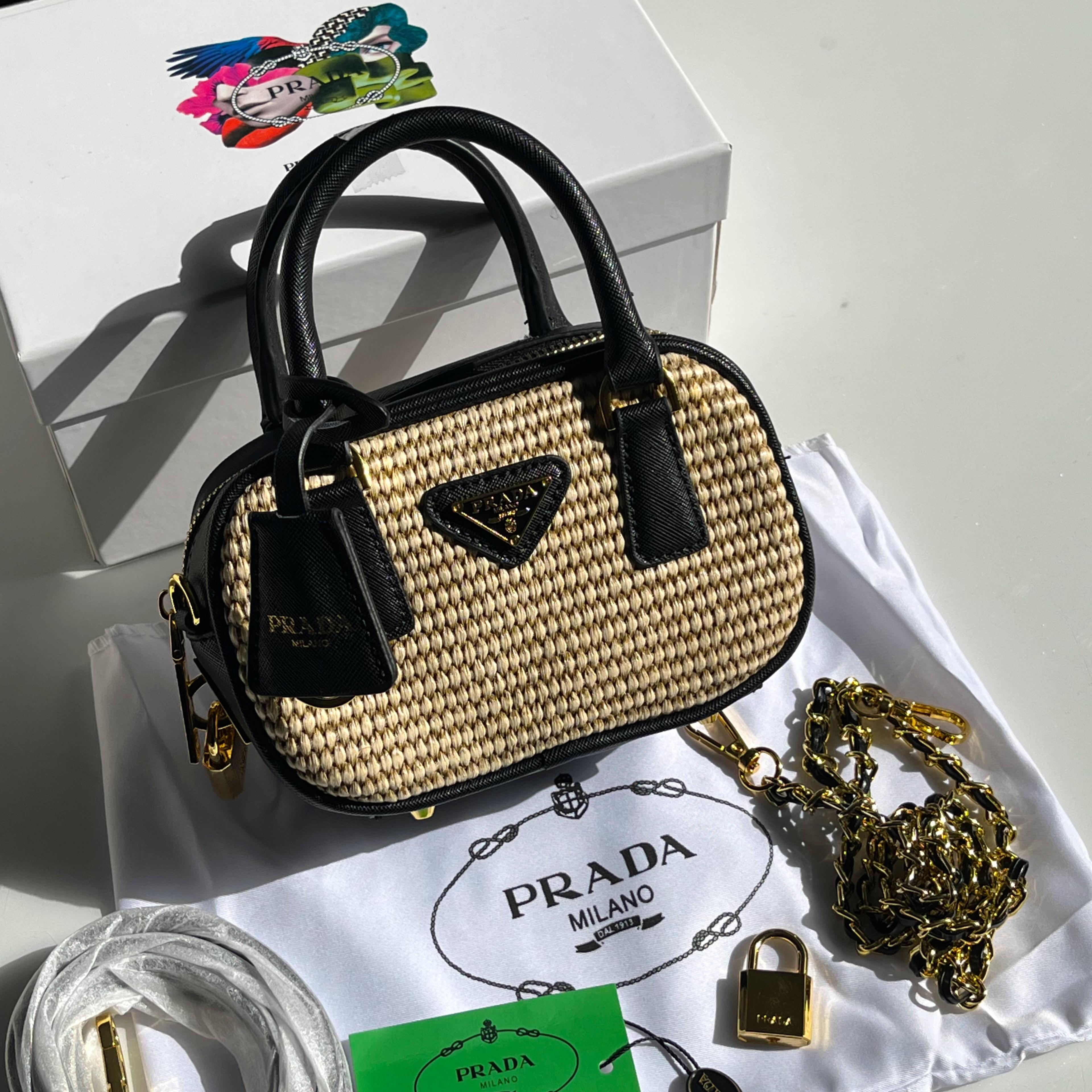 Prada Wicker and Leather Mini Bag| Black