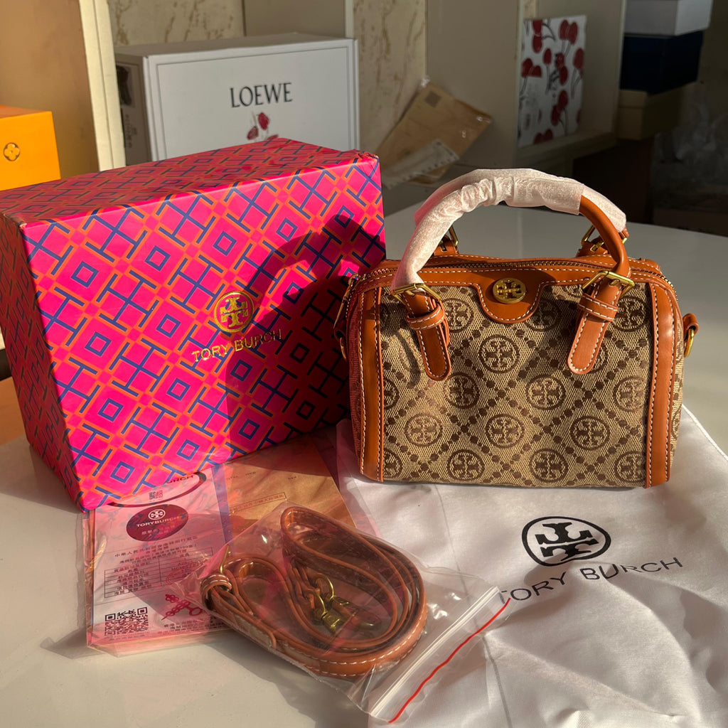 Tory Burch T Monogram Jacquard Barrel Bag| Blue| Brown